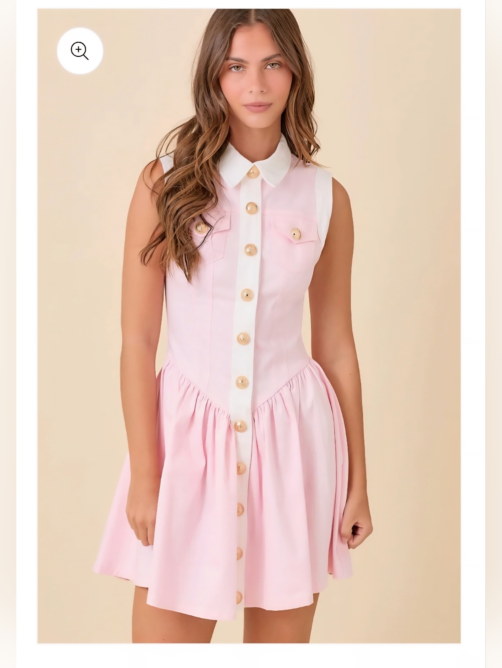 Mainstrip Sleeveless Babydoll Pink Button-front Dress with White Collar